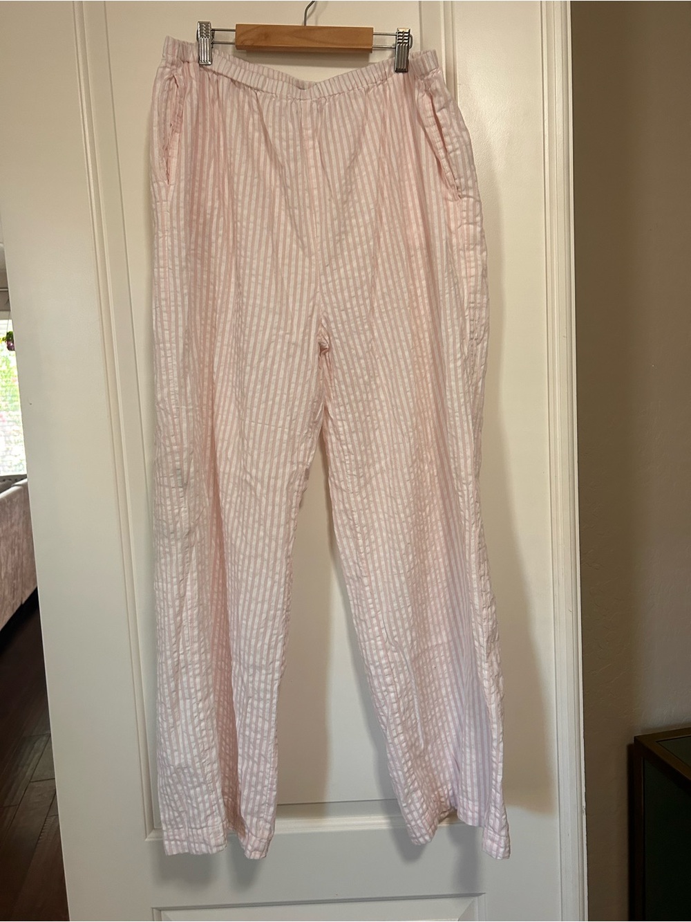 True Destinations Pink & White Striped Resortwear Seersucker Pants